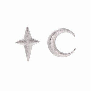 Sterling Silver Star Moon Stud Earrings for Women, Small, Mismatched, Gift Box